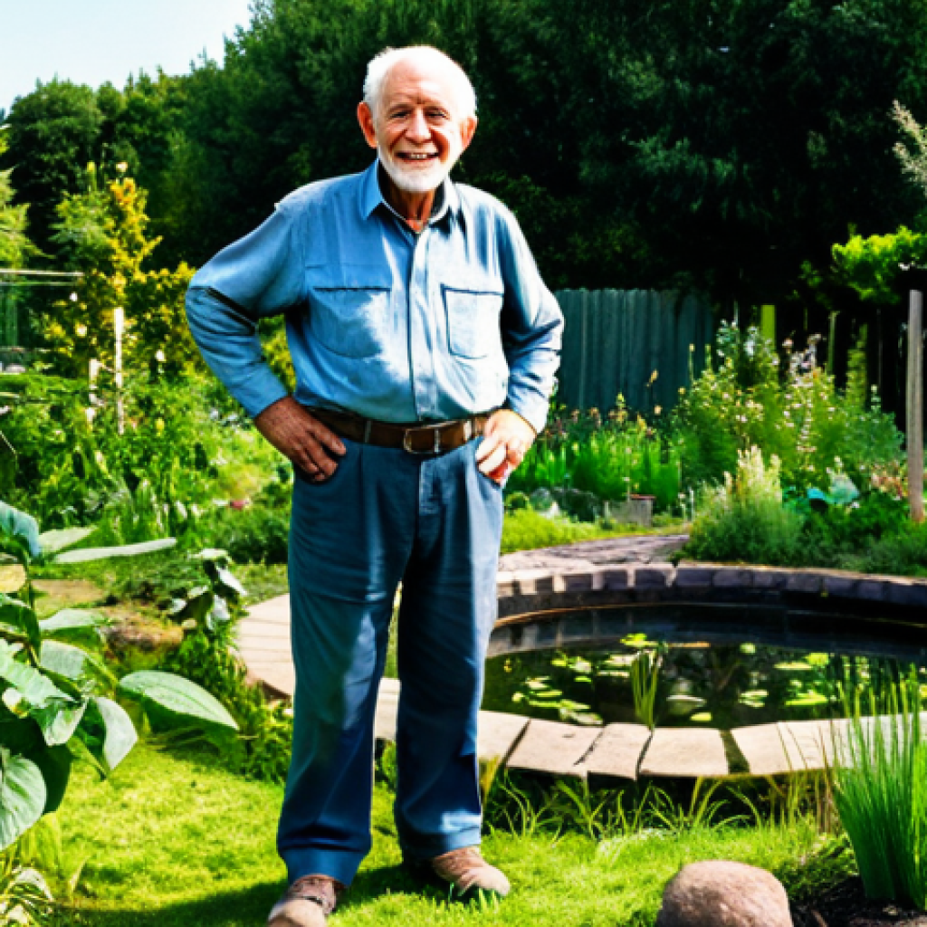 A wise, elderly male farmer, with a kind expression, wearing practical, modest work clothes, stands in his thriving permaculture garden. The garden showcases multi-layered planting, with fruit trees, berry bushes, and groundcover plants growing harmoniously. A small, natural pond reflects the sky in the background. The scene emphasizes sustainability, abundance, and a deep connection with nature. Professional photography, natural daylight, vibrant colors. safe for work, appropriate content, fully clothed, professional, perfect anatomy, correct proportions, natural pose, well-formed hands, proper finger count, natural body proportions, high quality, family-friendly.