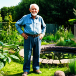 A wise, elderly male farmer, with a kind expression, wearing practical, modest work clothes, stands in his thriving permaculture garden. The garden showcases multi-layered planting, with fruit trees, berry bushes, and groundcover plants growing harmoniously. A small, natural pond reflects the sky in the background. The scene emphasizes sustainability, abundance, and a deep connection with nature. Professional photography, natural daylight, vibrant colors. safe for work, appropriate content, fully clothed, professional, perfect anatomy, correct proportions, natural pose, well-formed hands, proper finger count, natural body proportions, high quality, family-friendly.