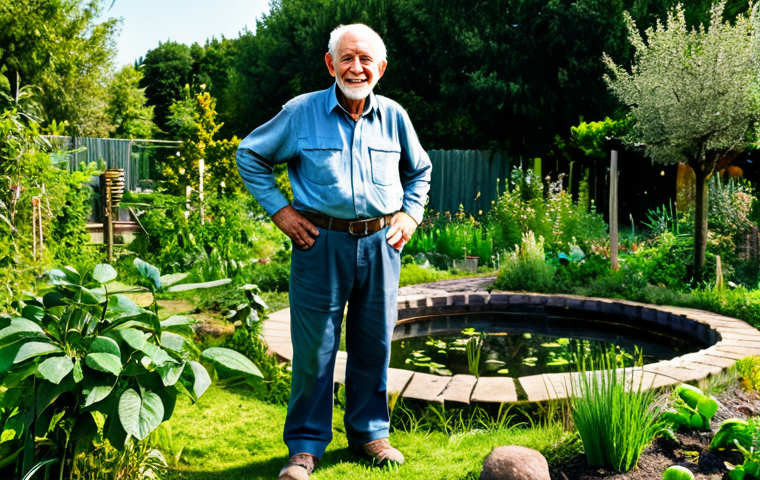 A wise, elderly male farmer, with a kind expression, wearing practical, modest work clothes, stands in his thriving permaculture garden. The garden showcases multi-layered planting, with fruit trees, berry bushes, and groundcover plants growing harmoniously. A small, natural pond reflects the sky in the background. The scene emphasizes sustainability, abundance, and a deep connection with nature. Professional photography, natural daylight, vibrant colors. safe for work, appropriate content, fully clothed, professional, perfect anatomy, correct proportions, natural pose, well-formed hands, proper finger count, natural body proportions, high quality, family-friendly.
