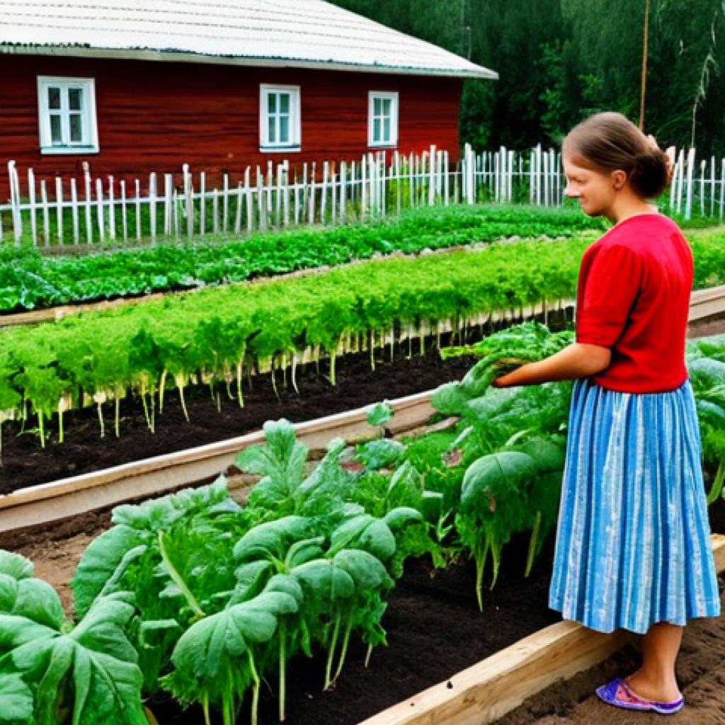 Organic Vegetable Garden**

A vibrant, family-friendly organic vegetable garden in rural Russia during summer. Abundant tomato plants, carrots with visible leafy tops, and rows of healthy beets. A fully clothed woman wearing a modest sundress tends to the garden.  Wooden fences, traditional Russian countryside architecture in the background. Safe for work, appropriate content, professional, perfect anatomy, natural proportions, well-formed hands, proper finger count, fully clothed.

**