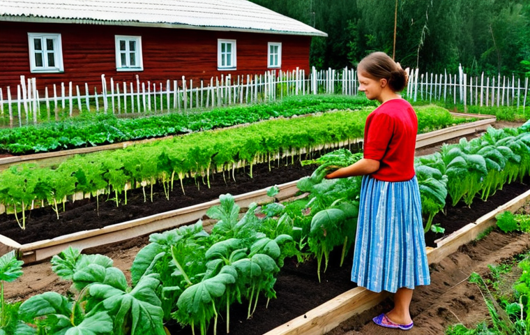 Organic Vegetable Garden**

A vibrant, family-friendly organic vegetable garden in rural Russia during summer. Abundant tomato plants, carrots with visible leafy tops, and rows of healthy beets. A fully clothed woman wearing a modest sundress tends to the garden.  Wooden fences, traditional Russian countryside architecture in the background. Safe for work, appropriate content, professional, perfect anatomy, natural proportions, well-formed hands, proper finger count, fully clothed.

**