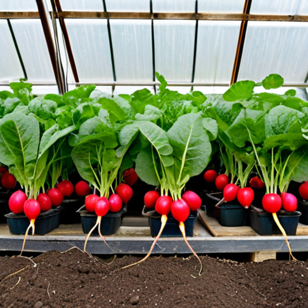Radishes in a Greenhouse**
A close-up shot of vibrant red radishes growing in a well-lit поликарбонатная теплица (polycarbonate greenhouse). The radishes are plump and healthy, with lush green leaves. Focus on the texture of the soil and the condensation on the greenhouse walls. Include gardening tools like a совочек (small shovel) and лейка (watering can) in the background. "Safe for work", "appropriate content", "fully clothed", professional, highlighting a successful early spring harvest, perfect anatomy, natural proportions.
**