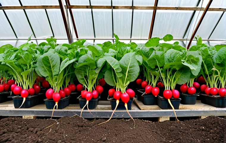 Radishes in a Greenhouse**

A close-up shot of vibrant red radishes growing in a well-lit поликарбонатная теплица (polycarbonate greenhouse). The radishes are plump and healthy, with lush green leaves. Focus on the texture of the soil and the condensation on the greenhouse walls. Include gardening tools like a совочек (small shovel) and лейка (watering can) in the background. "Safe for work", "appropriate content", "fully clothed", professional, highlighting a successful early spring harvest, perfect anatomy, natural proportions.

**