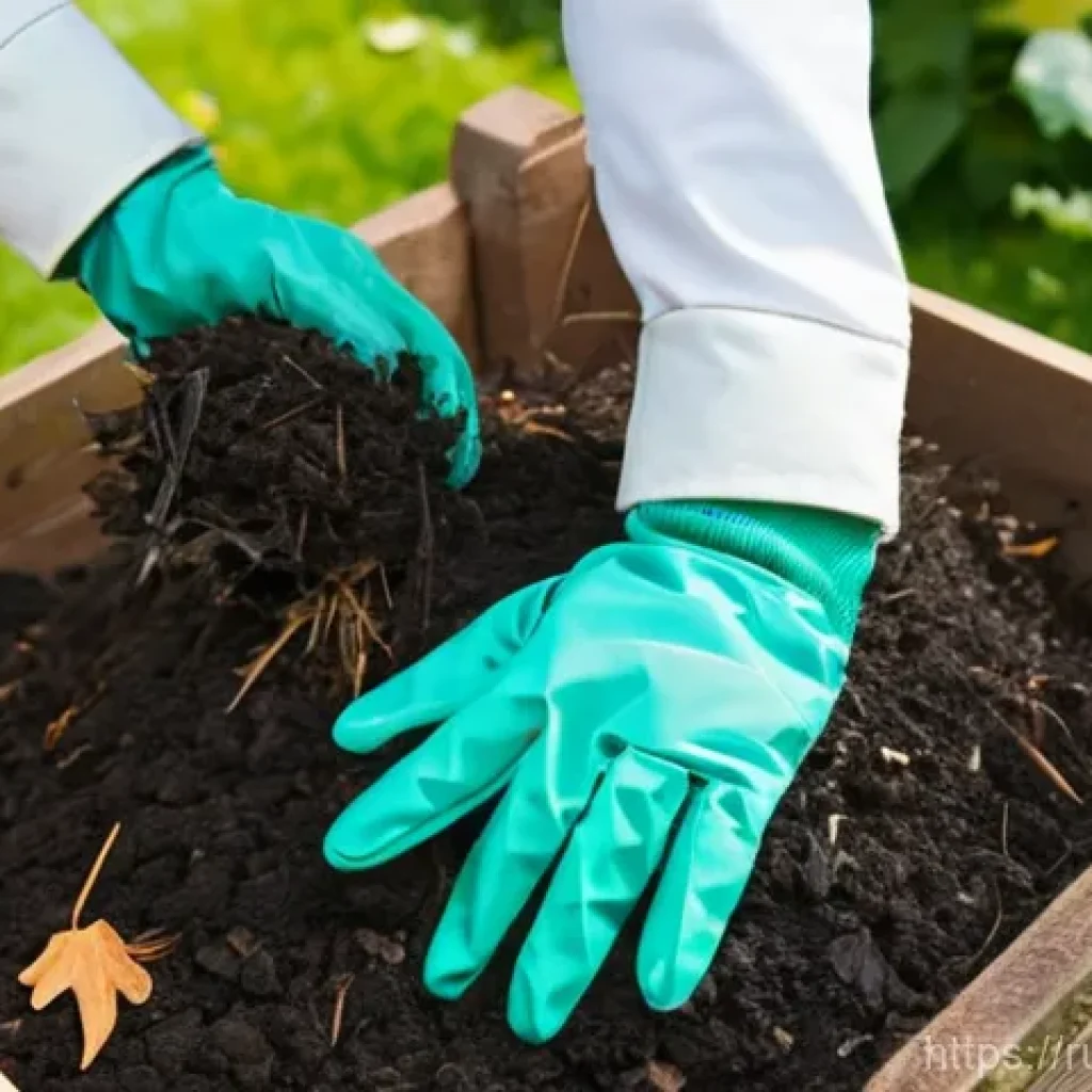 텃밭에서 친환경 퇴비 만들기 - **"A close-up shot of a female gardener's gloved hands, actively building a compost pile in a vibran...