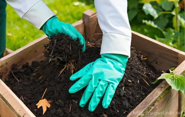 텃밭에서 친환경 퇴비 만들기 - **"A close-up shot of a female gardener's gloved hands, actively building a compost pile in a vibran...