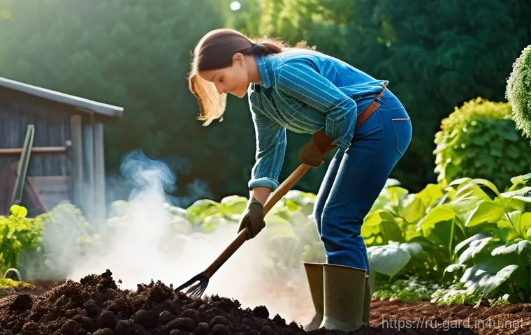 텃밭에서 친환경 퇴비 만들기 - **"A close-up shot of a female gardener's gloved hands, actively building a compost pile in a vibran...