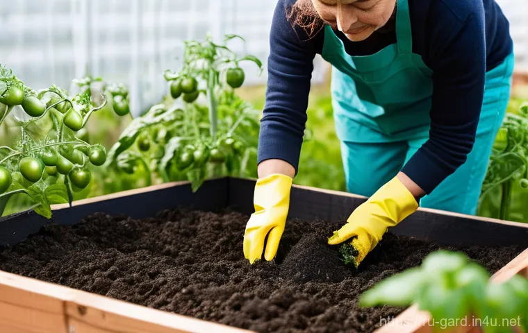 텃밭에서 친환경 퇴비 만들기 - **"A dynamic scene featuring a female gardener, dressed in casual yet durable gardening attire (jean...
