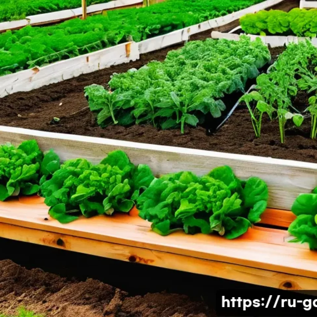 텃밭 작물별 유기농 재배 방법 - A detailed organic vegetable garden scene in a temperate Russian climate during springtime, showcasi...
