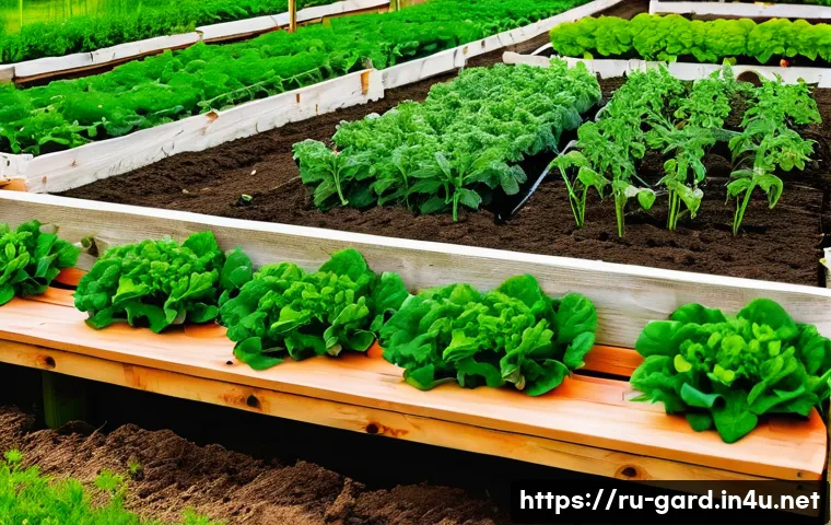 텃밭 작물별 유기농 재배 방법 - A detailed organic vegetable garden scene in a temperate Russian climate during springtime, showcasi...