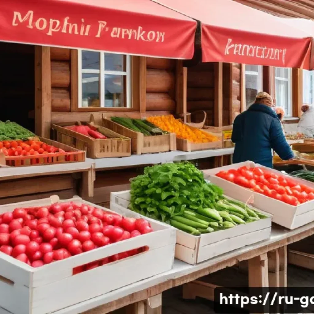 텃밭 농산물 판매 및 유통 노하우 - A vibrant farmer&rsquo;s market scene in a Russian town during a sunny spring morning, with wooden stalls ...