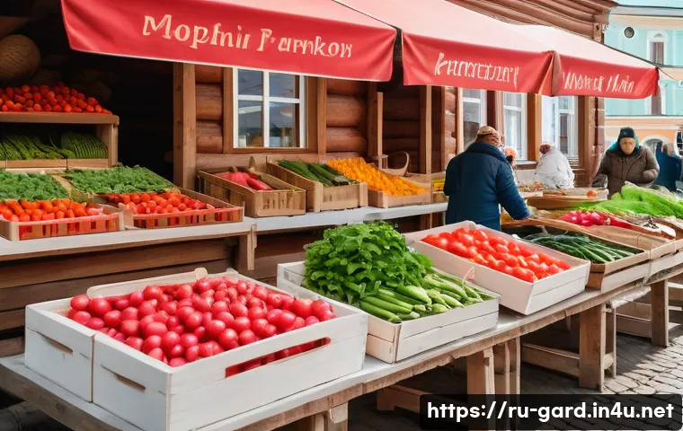 텃밭 농산물 판매 및 유통 노하우 - A vibrant farmer’s market scene in a Russian town during a sunny spring morning, with wooden stalls ...