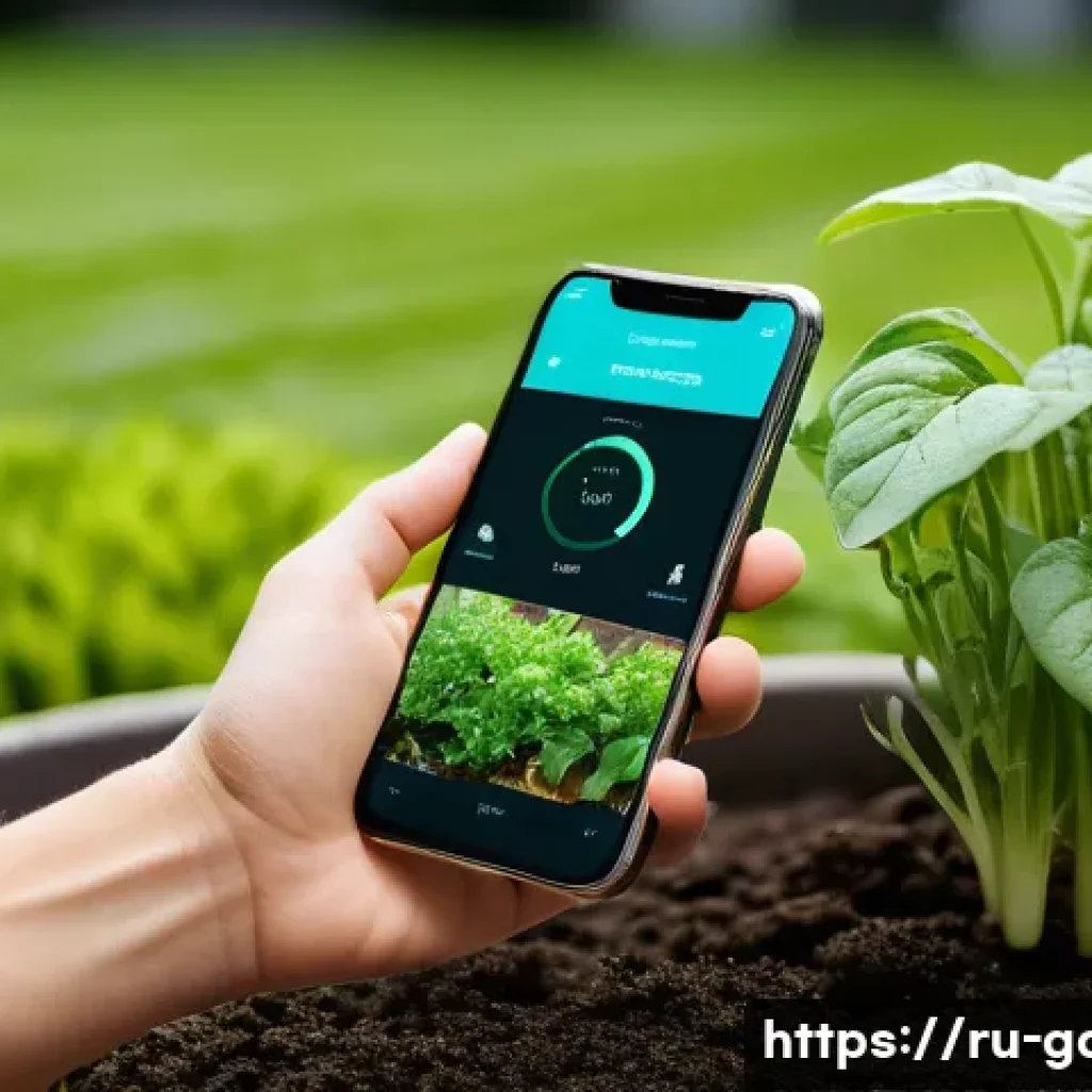 텃밭 스마트폰 원격 관수 시스템 - A modern garden scene featuring a variety of vegetables and berry plants growing in healthy conditio...