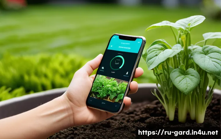 텃밭 스마트폰 원격 관수 시스템 - A modern garden scene featuring a variety of vegetables and berry plants growing in healthy conditio...