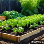 텃밭에서 키우기 쉬운 작물 - A vibrant small garden plot in a sunny backyard in Russia during early summer, showcasing healthy ra...