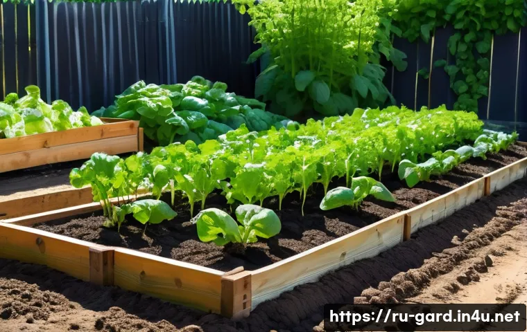 텃밭에서 키우기 쉬운 작물 - A vibrant small garden plot in a sunny backyard in Russia during early summer, showcasing healthy ra...