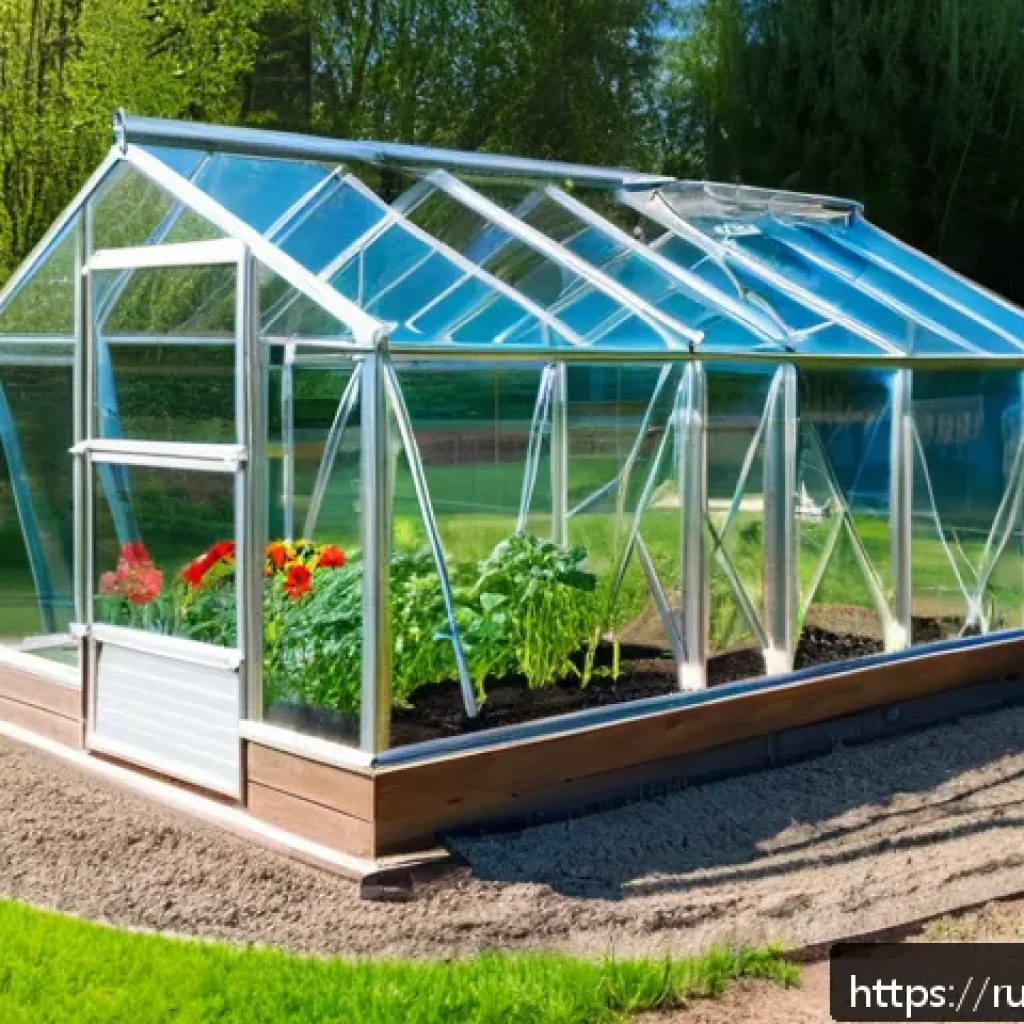 텃밭 미니 온실 제작 방법 - A detailed outdoor scene of a small DIY greenhouse on a well-lit garden plot in Russia, positioned o...