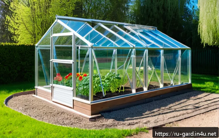 텃밭 미니 온실 제작 방법 - A detailed outdoor scene of a small DIY greenhouse on a well-lit garden plot in Russia, positioned o...