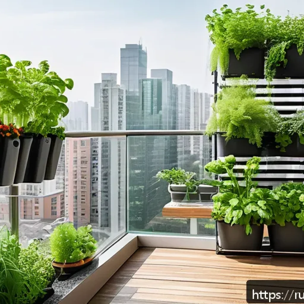 텃밭 농업 관련 최신 연구 논문 - A cozy urban balcony garden featuring a multi-tiered vertical garden system with lush green herbs li...