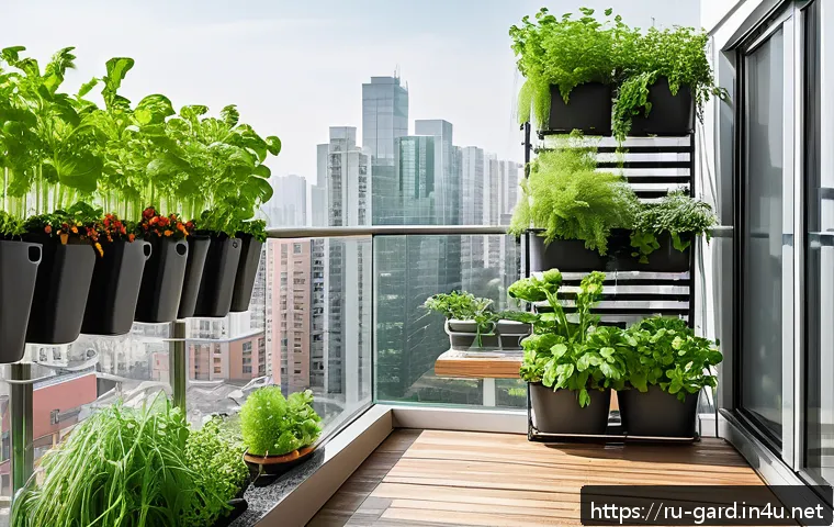 텃밭 농업 관련 최신 연구 논문 - A cozy urban balcony garden featuring a multi-tiered vertical garden system with lush green herbs li...