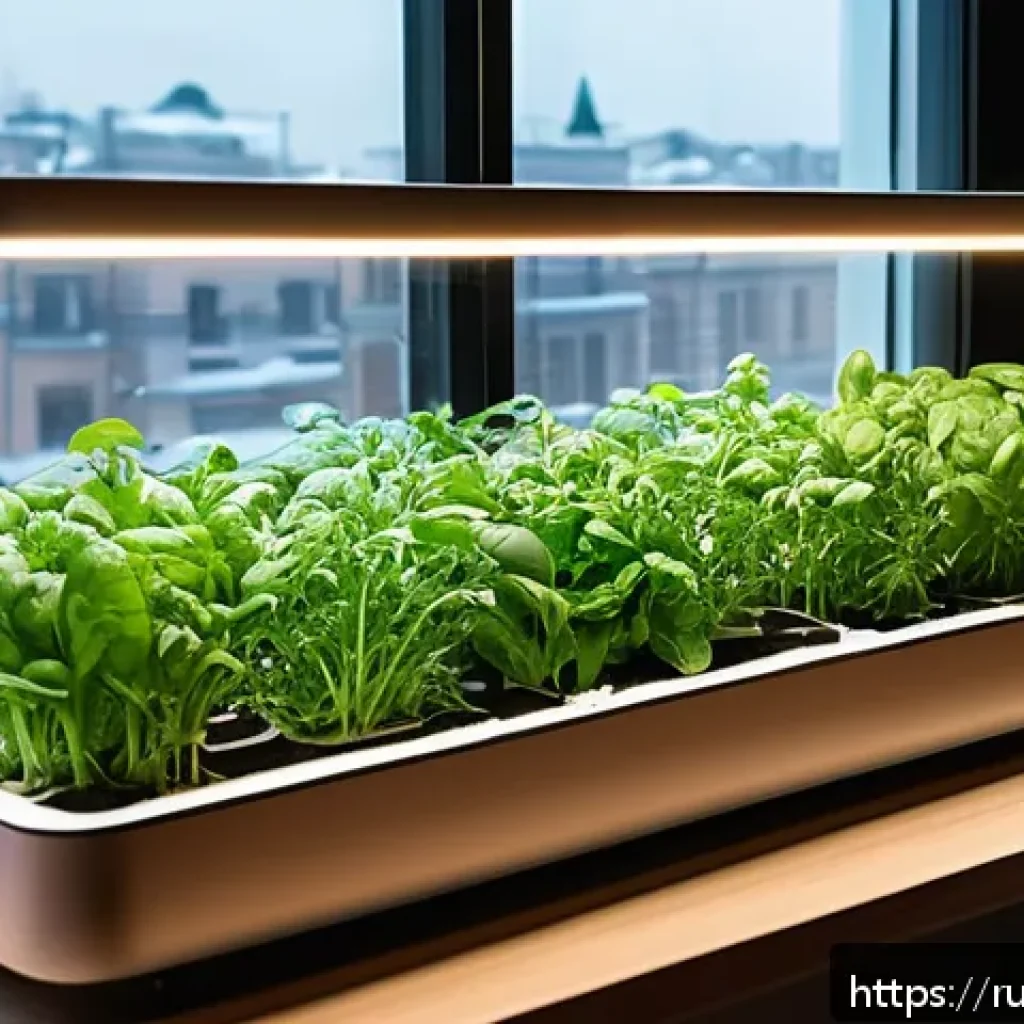 텃밭 스마트팜 창업 아이템 - A modern indoor smart garden setup in a compact urban apartment in Russia, featuring modular contain...