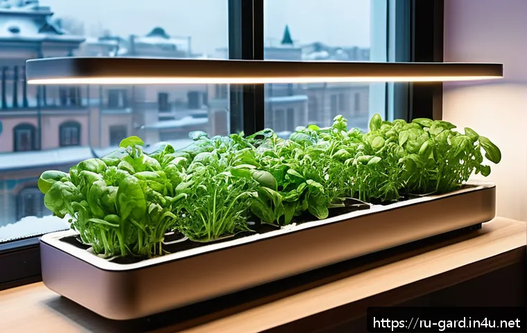 텃밭 스마트팜 창업 아이템 - A modern indoor smart garden setup in a compact urban apartment in Russia, featuring modular contain...