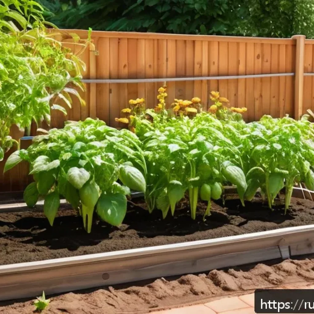 텃밭 물주기 자동화 DIY - A detailed garden irrigation setup on a sunny day, featuring flexible black drip irrigation tubes la...