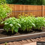 텃밭 물주기 자동화 DIY - A detailed garden irrigation setup on a sunny day, featuring flexible black drip irrigation tubes la...
