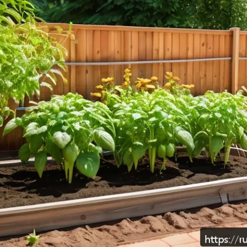 텃밭 물주기 자동화 DIY - A detailed garden irrigation setup on a sunny day, featuring flexible black drip irrigation tubes la...
