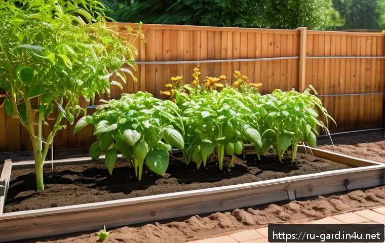 텃밭 물주기 자동화 DIY - A detailed garden irrigation setup on a sunny day, featuring flexible black drip irrigation tubes la...