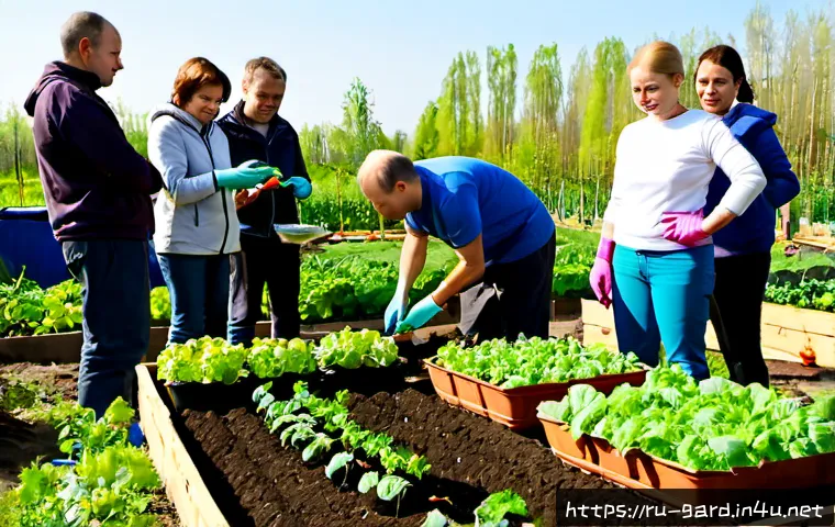 Home 17 텃밭 농업 기술 교육 프로그램 - Photorealistic community vegetable gardening workshop in a Russian suburban allotment garden, experi...