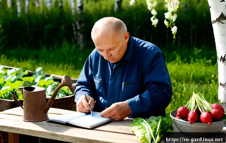 텃밭 농사 일기 작성법 - Photorealistic early-summer Russian kitchen garden, an older gardener in practical work clothes seat...