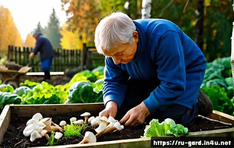 Home 17 텃밭에서 버섯 재배하는 방법 - Photorealistic early autumn Russian backyard vegetable garden, an older gardener in practical outdoo...