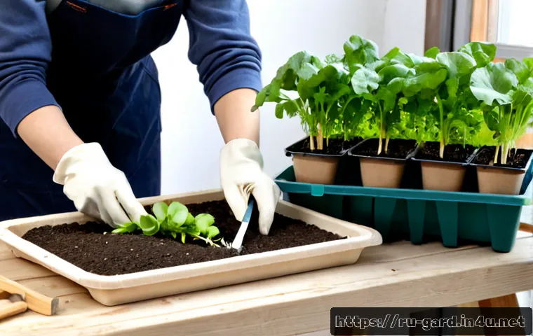 Home 17 텃밭 자재 쇼핑몰 추천 - Photorealistic Russian home gardener comparing vegetable garden supplies on a clean wooden workbench...